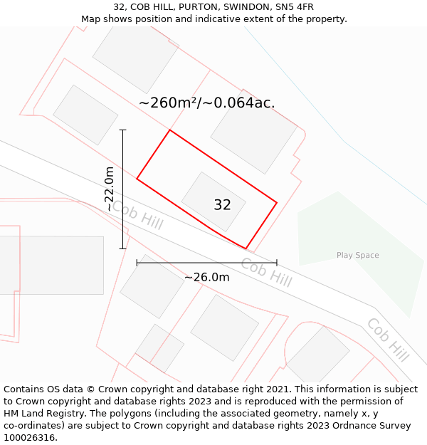 32, COB HILL, PURTON, SWINDON, SN5 4FR: Plot and title map