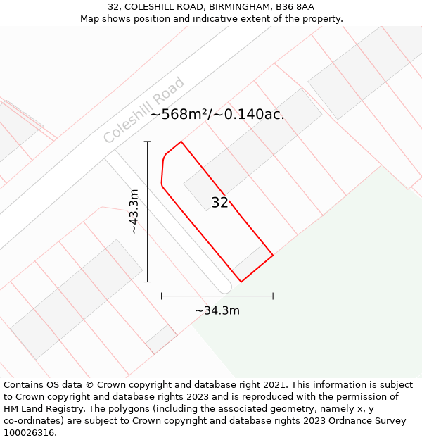 32, COLESHILL ROAD, BIRMINGHAM, B36 8AA: Plot and title map