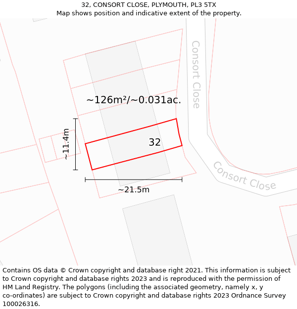 32, CONSORT CLOSE, PLYMOUTH, PL3 5TX: Plot and title map
