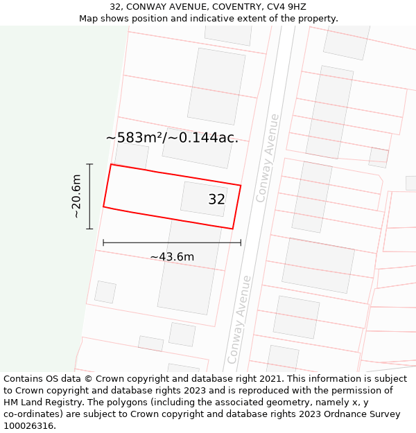 32, CONWAY AVENUE, COVENTRY, CV4 9HZ: Plot and title map