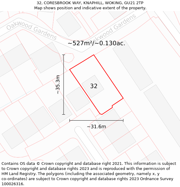 32, CORESBROOK WAY, KNAPHILL, WOKING, GU21 2TP: Plot and title map