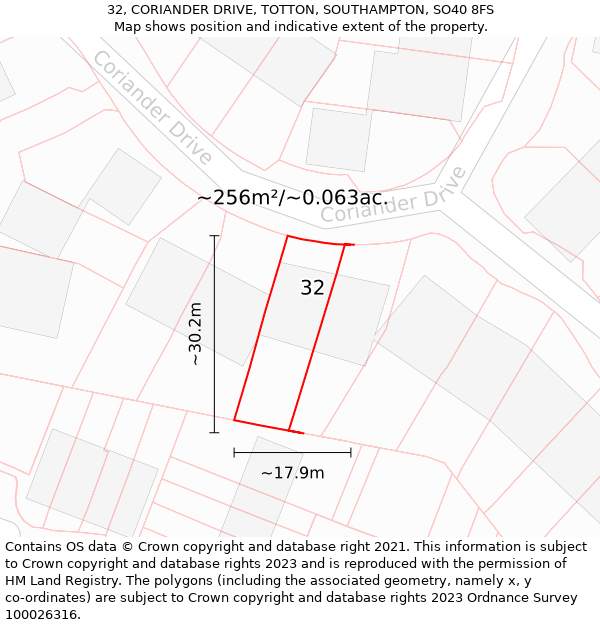 32, CORIANDER DRIVE, TOTTON, SOUTHAMPTON, SO40 8FS: Plot and title map