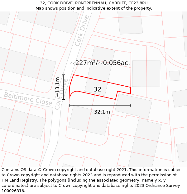 32, CORK DRIVE, PONTPRENNAU, CARDIFF, CF23 8PU: Plot and title map