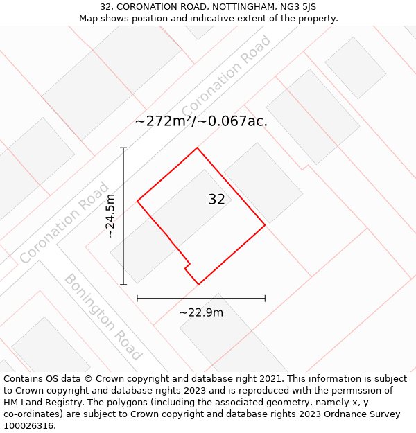 32, CORONATION ROAD, NOTTINGHAM, NG3 5JS: Plot and title map