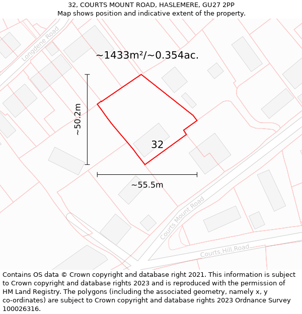 32, COURTS MOUNT ROAD, HASLEMERE, GU27 2PP: Plot and title map