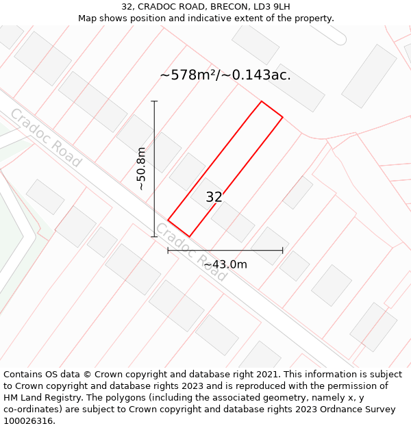 32, CRADOC ROAD, BRECON, LD3 9LH: Plot and title map