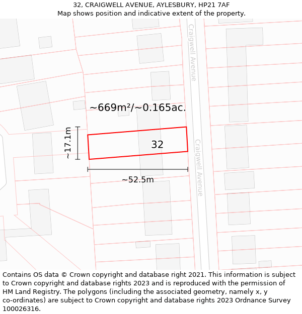 32, CRAIGWELL AVENUE, AYLESBURY, HP21 7AF: Plot and title map