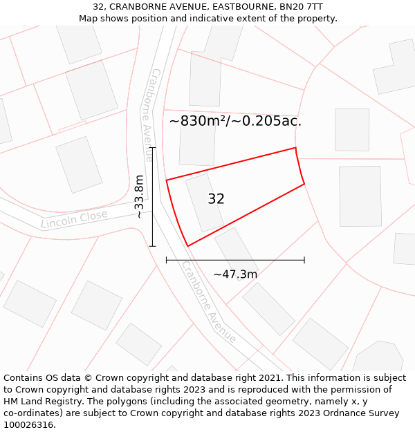 32, CRANBORNE AVENUE, EASTBOURNE, BN20 7TT: Plot and title map