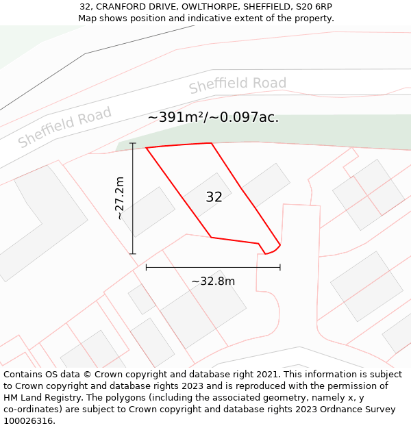 32, CRANFORD DRIVE, OWLTHORPE, SHEFFIELD, S20 6RP: Plot and title map