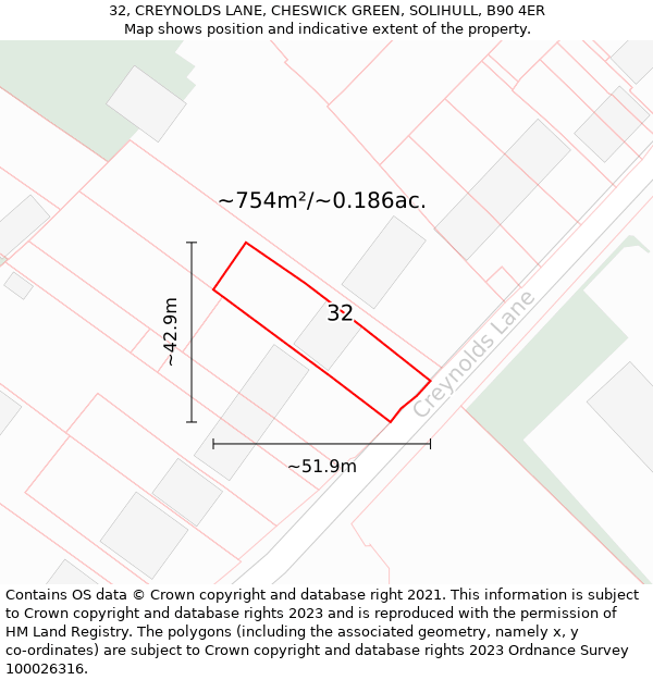 32, CREYNOLDS LANE, CHESWICK GREEN, SOLIHULL, B90 4ER: Plot and title map