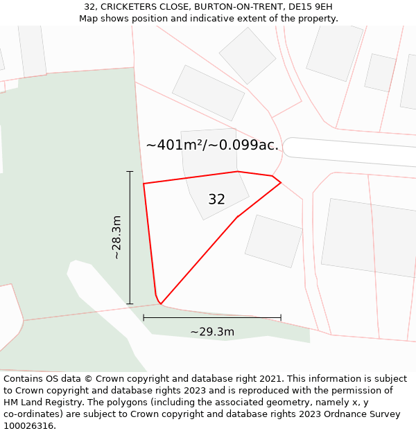 32, CRICKETERS CLOSE, BURTON-ON-TRENT, DE15 9EH: Plot and title map