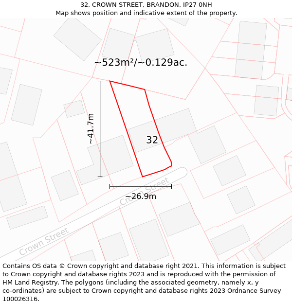 32, CROWN STREET, BRANDON, IP27 0NH: Plot and title map