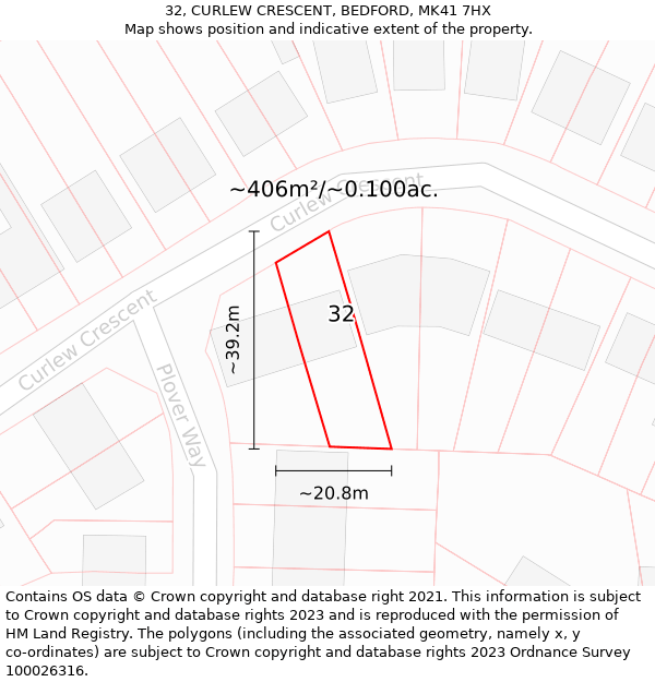 32, CURLEW CRESCENT, BEDFORD, MK41 7HX: Plot and title map