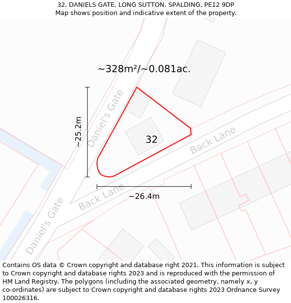 32, DANIELS GATE, LONG SUTTON, SPALDING, PE12 9DP: Plot and title map