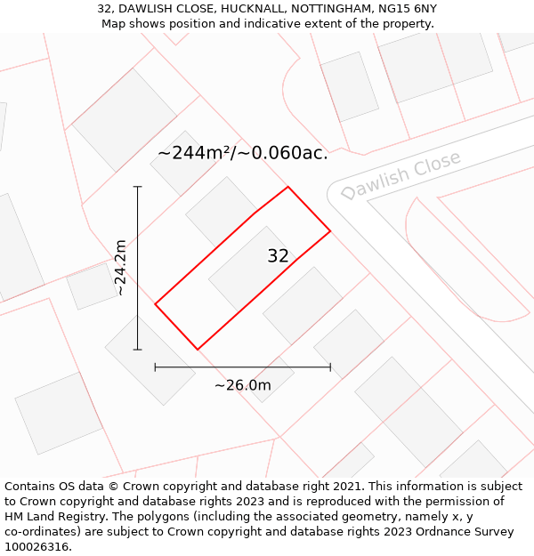 32, DAWLISH CLOSE, HUCKNALL, NOTTINGHAM, NG15 6NY: Plot and title map