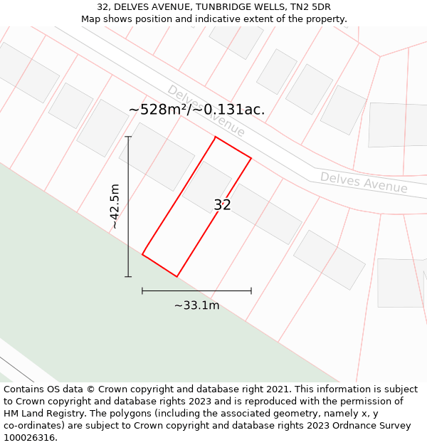 32, DELVES AVENUE, TUNBRIDGE WELLS, TN2 5DR: Plot and title map