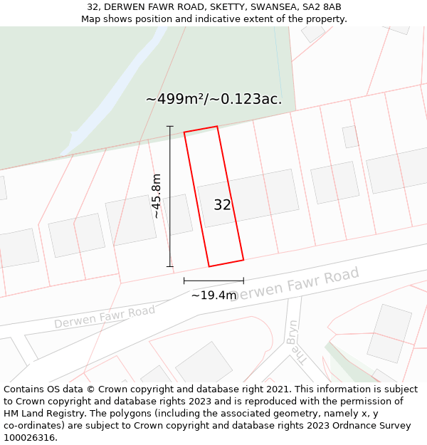 32, DERWEN FAWR ROAD, SKETTY, SWANSEA, SA2 8AB: Plot and title map