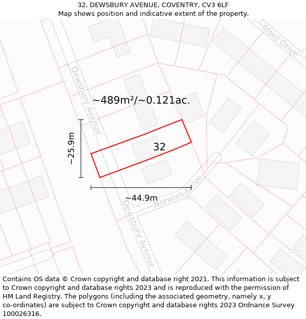 32, DEWSBURY AVENUE, COVENTRY, CV3 6LF: Plot and title map