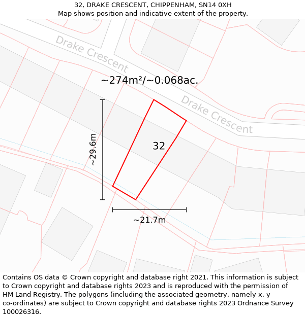 32, DRAKE CRESCENT, CHIPPENHAM, SN14 0XH: Plot and title map