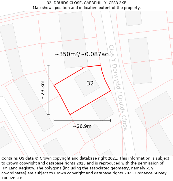32, DRUIDS CLOSE, CAERPHILLY, CF83 2XR: Plot and title map
