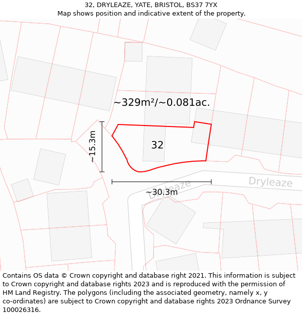 32, DRYLEAZE, YATE, BRISTOL, BS37 7YX: Plot and title map