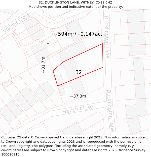 32, DUCKLINGTON LANE, WITNEY, OX28 5HZ: Plot and title map