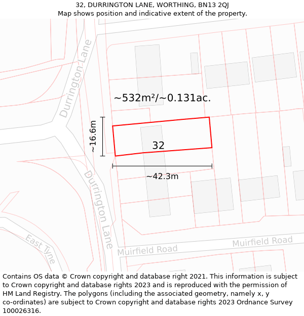 32, DURRINGTON LANE, WORTHING, BN13 2QJ: Plot and title map