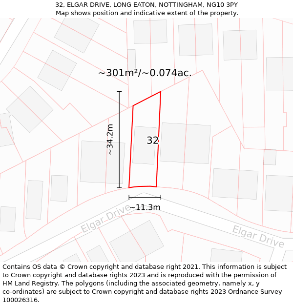 32, ELGAR DRIVE, LONG EATON, NOTTINGHAM, NG10 3PY: Plot and title map