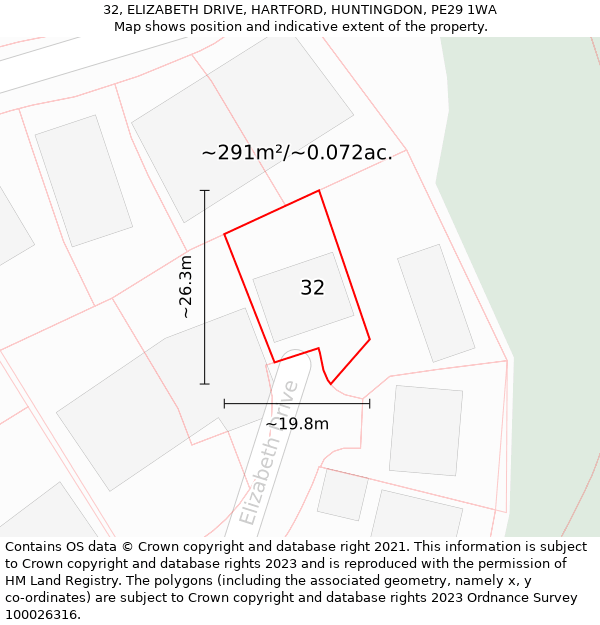 32, ELIZABETH DRIVE, HARTFORD, HUNTINGDON, PE29 1WA: Plot and title map