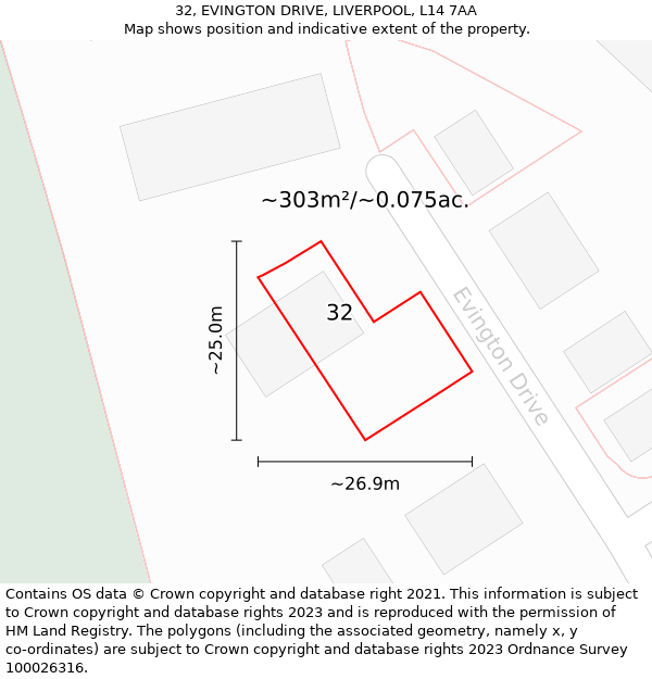 32, EVINGTON DRIVE, LIVERPOOL, L14 7AA: Plot and title map