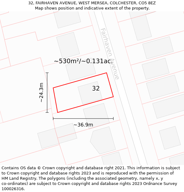 32, FAIRHAVEN AVENUE, WEST MERSEA, COLCHESTER, CO5 8EZ: Plot and title map