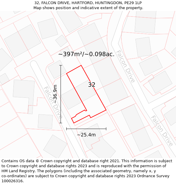 32, FALCON DRIVE, HARTFORD, HUNTINGDON, PE29 1LP: Plot and title map
