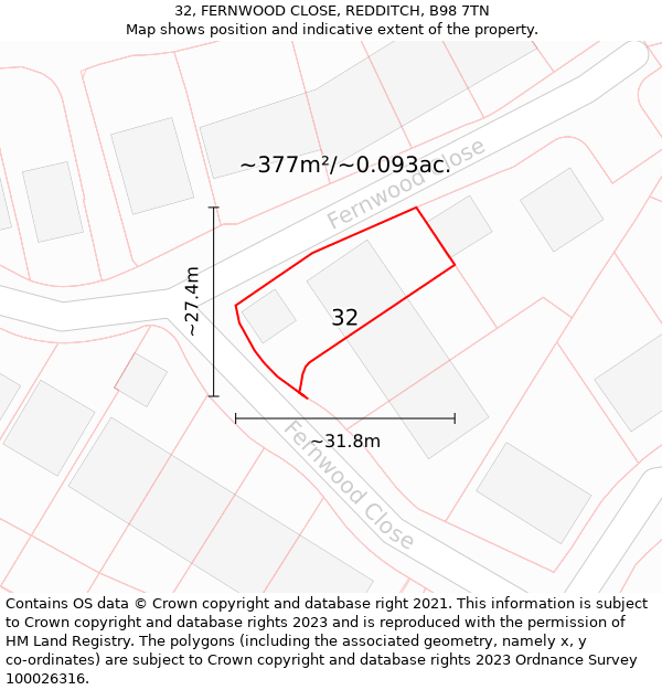 32, FERNWOOD CLOSE, REDDITCH, B98 7TN: Plot and title map