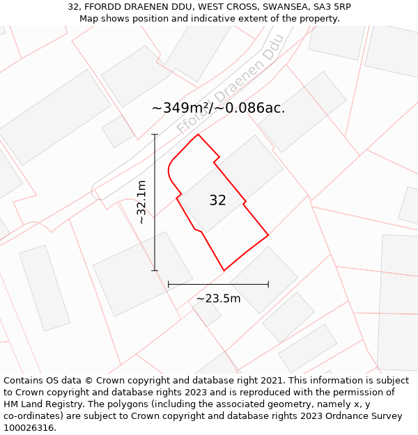 32, FFORDD DRAENEN DDU, WEST CROSS, SWANSEA, SA3 5RP: Plot and title map