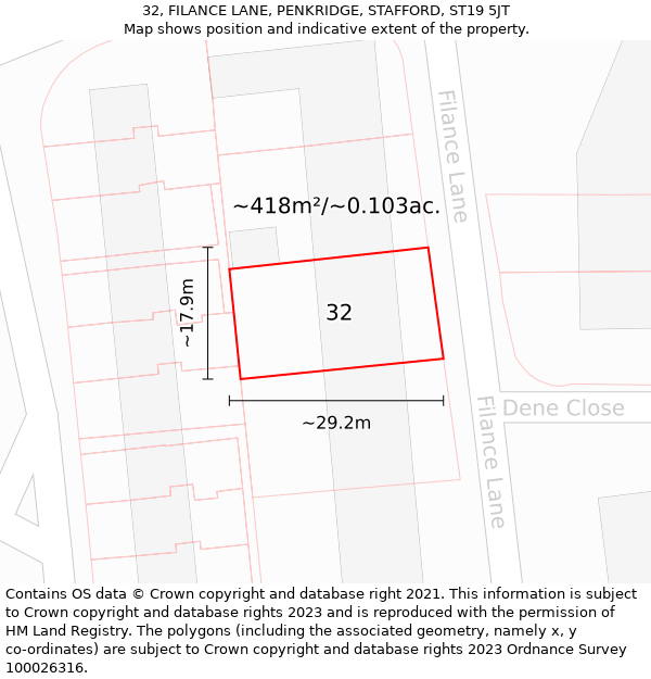 32, FILANCE LANE, PENKRIDGE, STAFFORD, ST19 5JT: Plot and title map