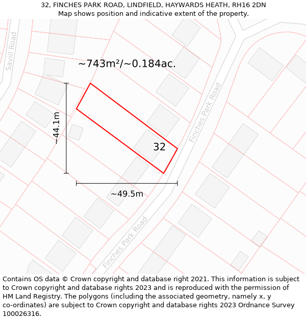 32, FINCHES PARK ROAD, LINDFIELD, HAYWARDS HEATH, RH16 2DN: Plot and title map