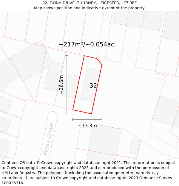 32, FIONA DRIVE, THURNBY, LEICESTER, LE7 9RF: Plot and title map