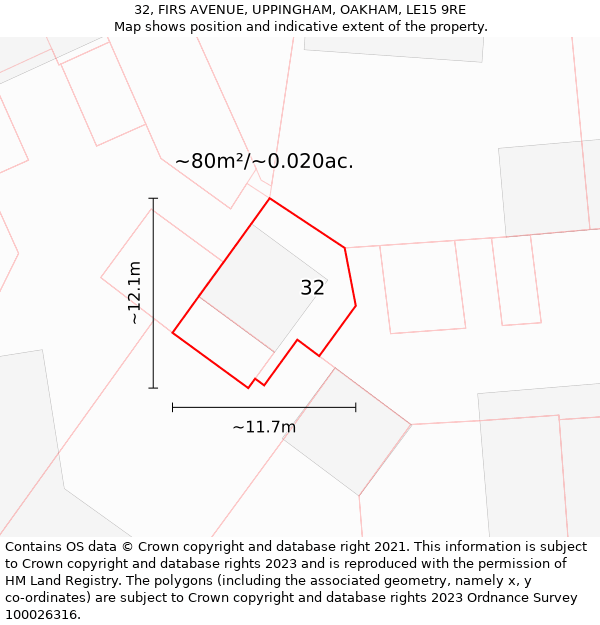 32, FIRS AVENUE, UPPINGHAM, OAKHAM, LE15 9RE: Plot and title map