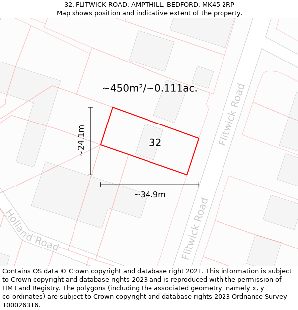 32, FLITWICK ROAD, AMPTHILL, BEDFORD, MK45 2RP: Plot and title map