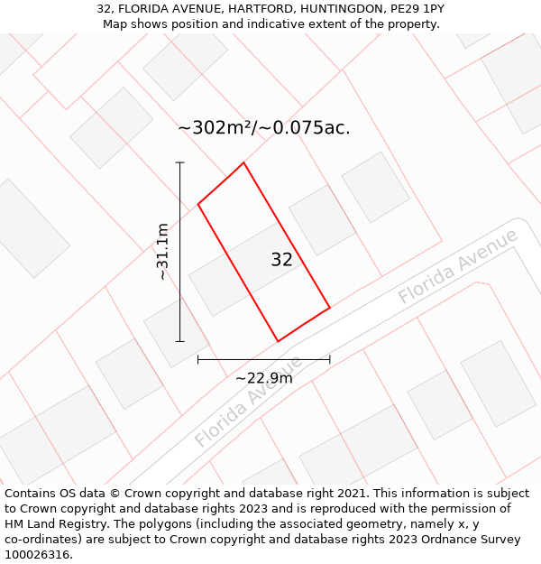 32, FLORIDA AVENUE, HARTFORD, HUNTINGDON, PE29 1PY: Plot and title map