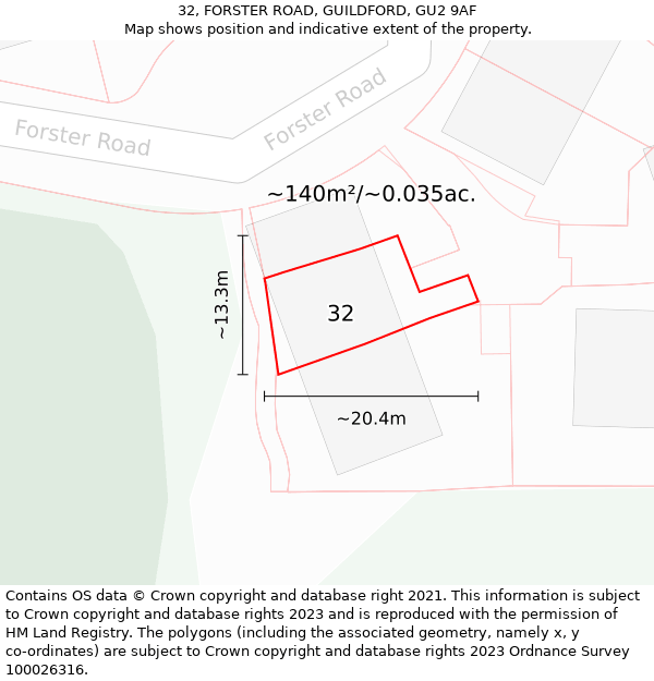 32, FORSTER ROAD, GUILDFORD, GU2 9AF: Plot and title map