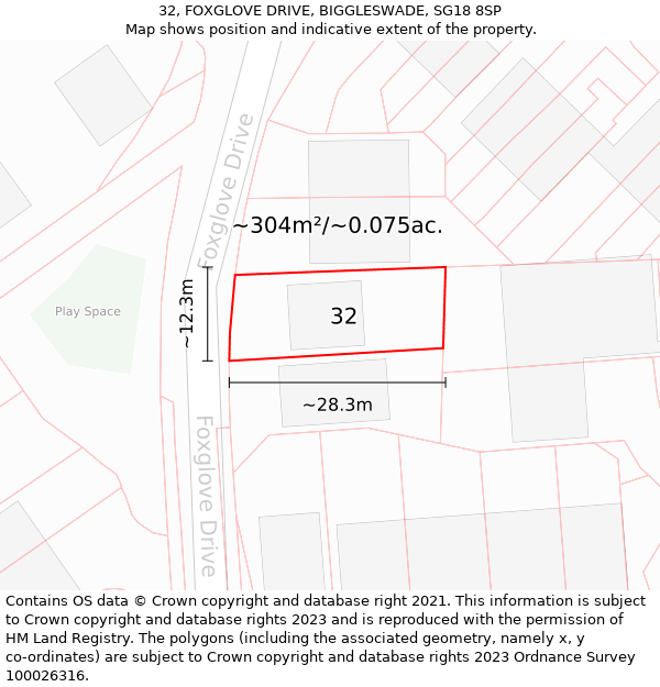 32, FOXGLOVE DRIVE, BIGGLESWADE, SG18 8SP: Plot and title map