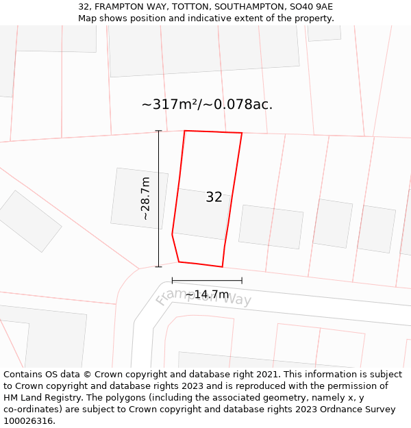 32, FRAMPTON WAY, TOTTON, SOUTHAMPTON, SO40 9AE: Plot and title map