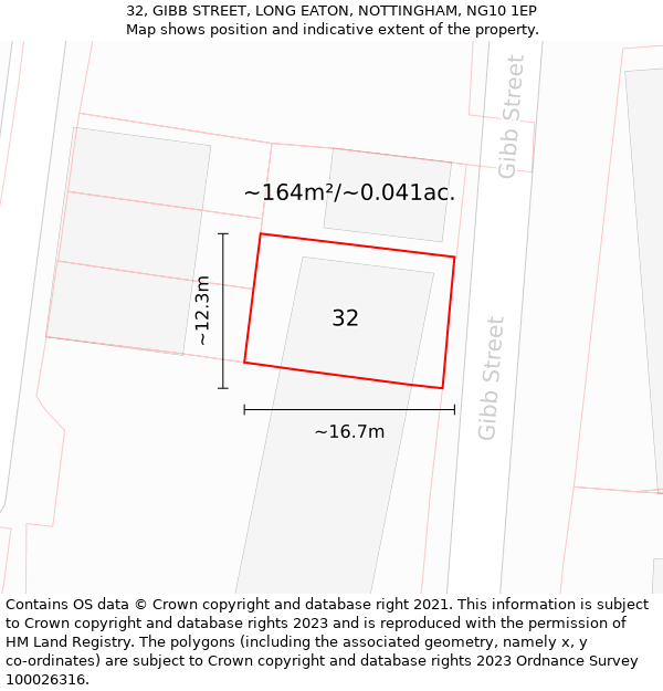 32, GIBB STREET, LONG EATON, NOTTINGHAM, NG10 1EP: Plot and title map