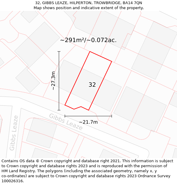 32, GIBBS LEAZE, HILPERTON, TROWBRIDGE, BA14 7QN: Plot and title map