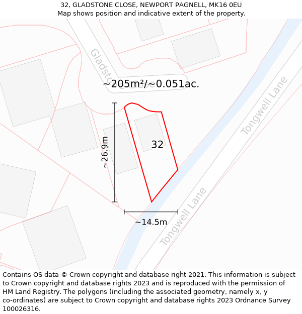 32, GLADSTONE CLOSE, NEWPORT PAGNELL, MK16 0EU: Plot and title map