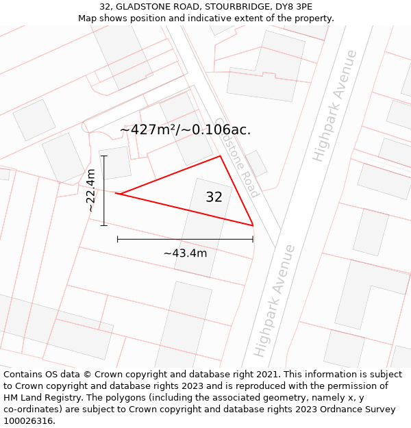 32, GLADSTONE ROAD, STOURBRIDGE, DY8 3PE: Plot and title map