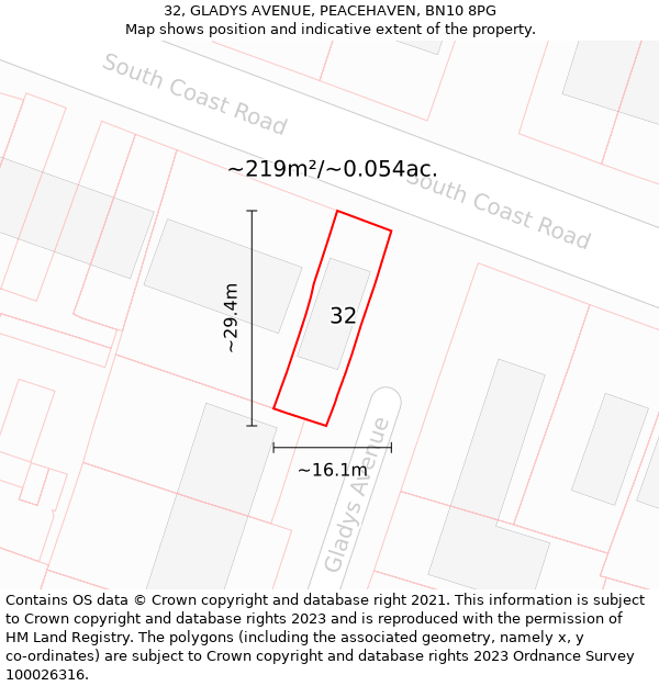 32, GLADYS AVENUE, PEACEHAVEN, BN10 8PG: Plot and title map
