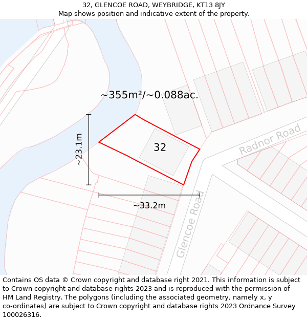 32, GLENCOE ROAD, WEYBRIDGE, KT13 8JY: Plot and title map