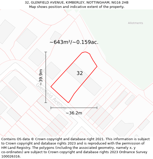 32, GLENFIELD AVENUE, KIMBERLEY, NOTTINGHAM, NG16 2HB: Plot and title map